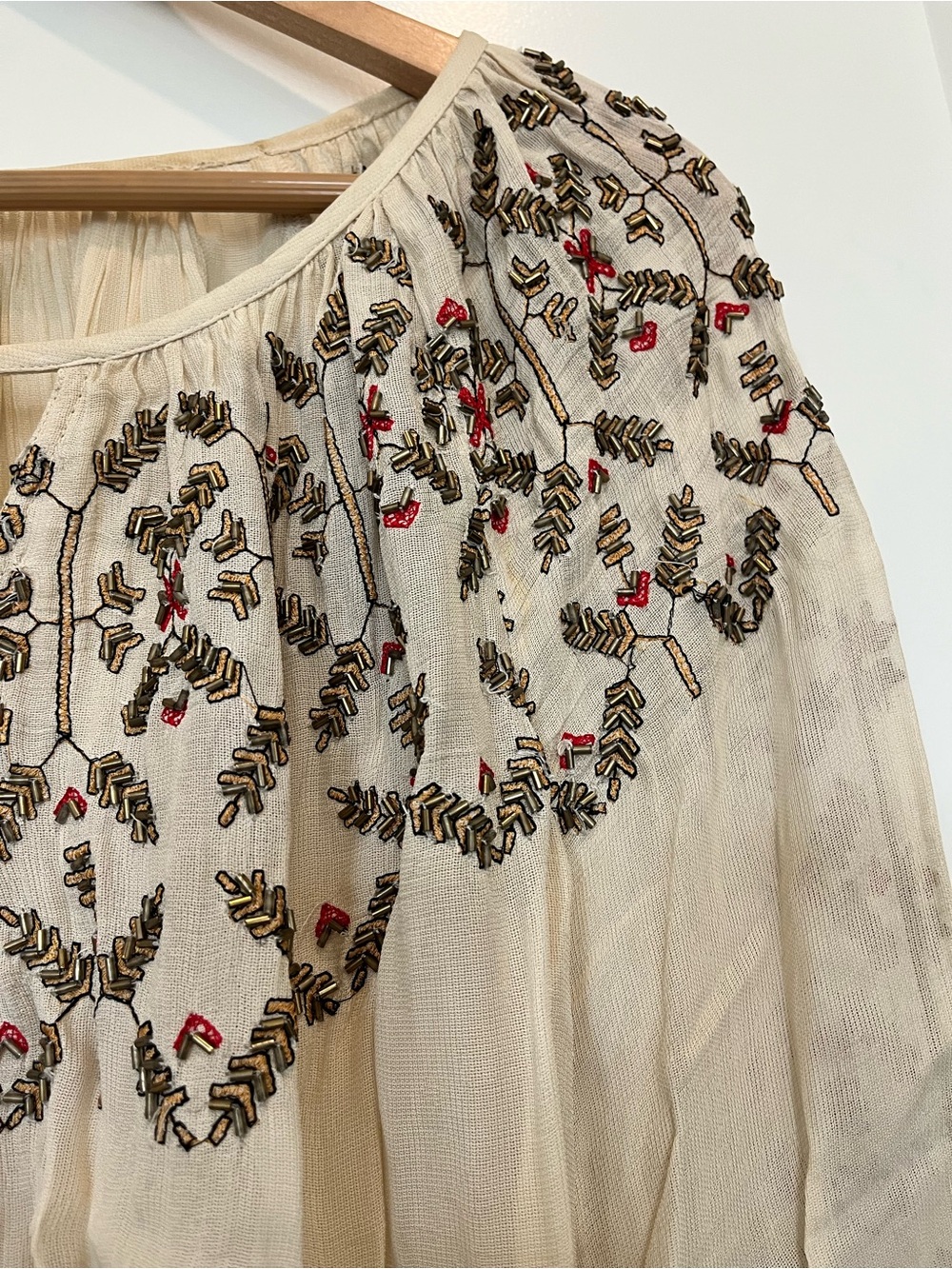 Free People Bohemian Beaded Embroidered Boho Cottagecore Peasant Pirate Blouse - Picture 3 of 11